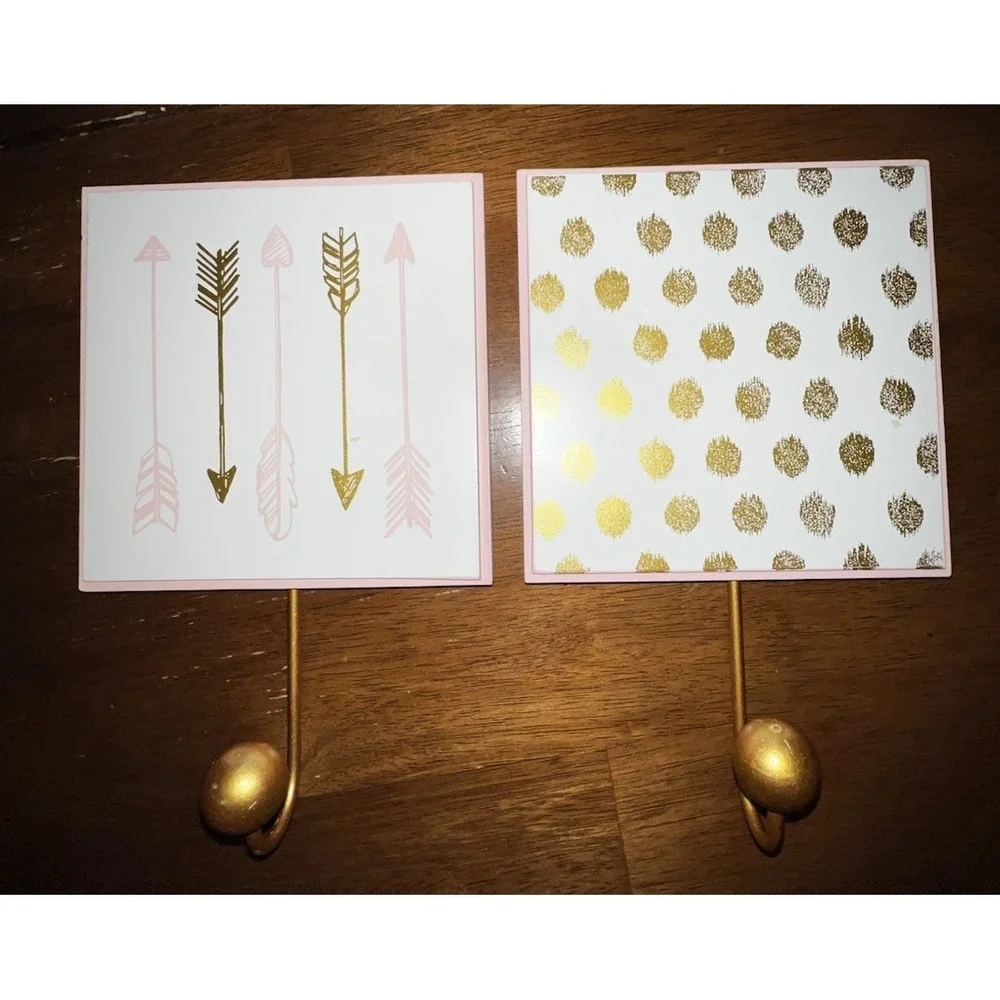 Boho Gold Pink Wall Hooks Set of 2 Arrow Polka Dot 6x6 Coquette Decor EUC